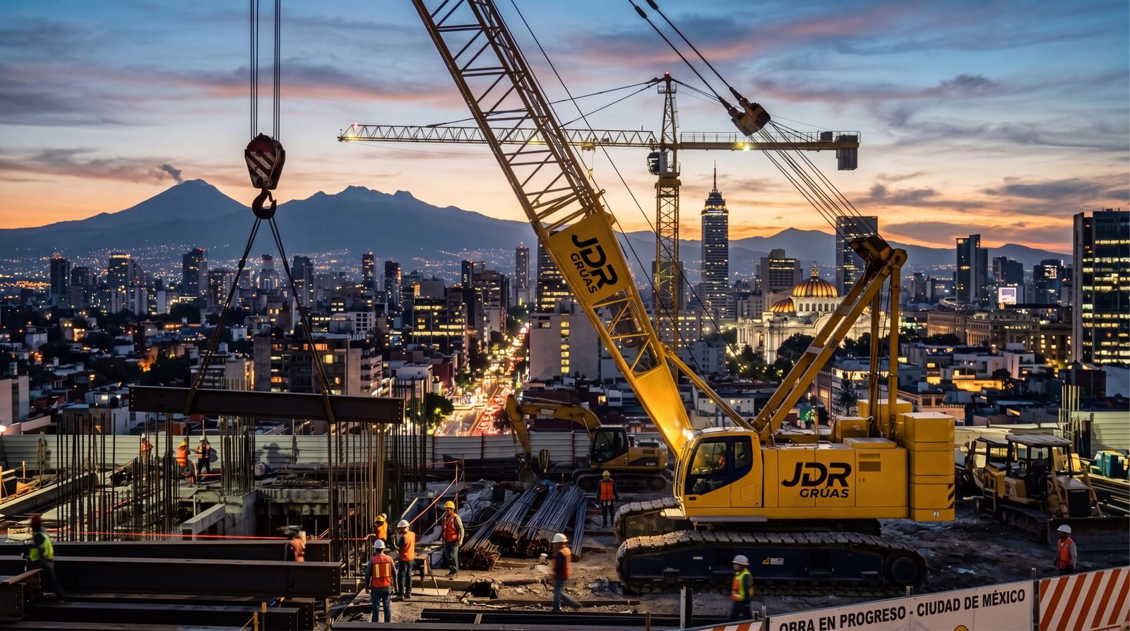 Grúa industrial JDR en maniobra de izaje en obra con vista a la Ciudad de México