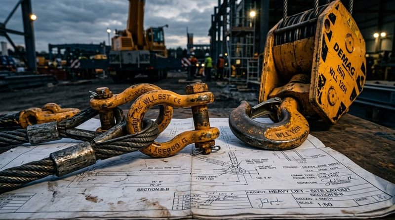 Equipo de rigging industrial, grilletes de alta capacidad y plano técnico de izaje
